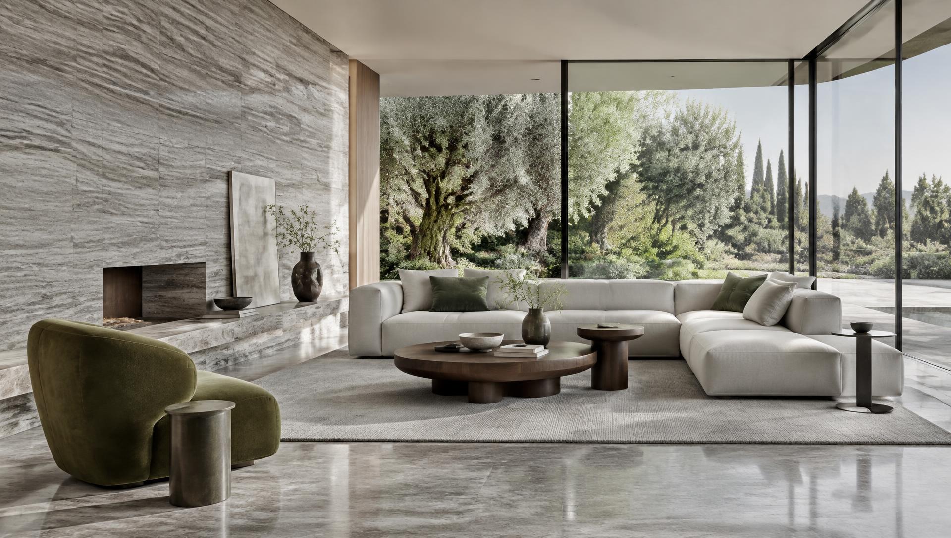 Un salon contemporain aux matières naturelles et au mobilier sculptural